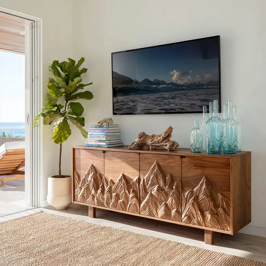 Mountain Carved Natural Solid Wood TV Stand with Hidden Storage - Echotimber