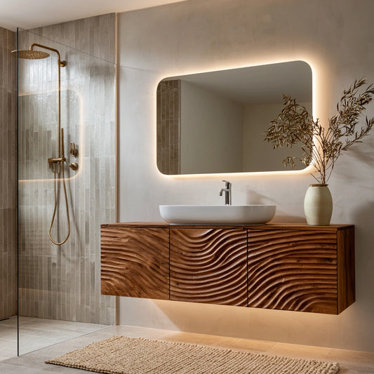 Natural Solid Wood Bathroom Cabinet – Sculpted Wave Modern Style - Echotimber