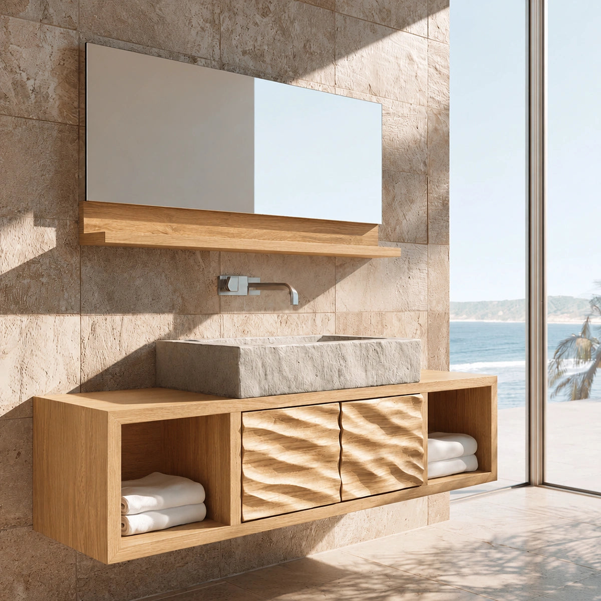 Natural Solid Wood Bathroom Cabinet with 2 Doors and Open Shelf - Livewoodcraft - 3