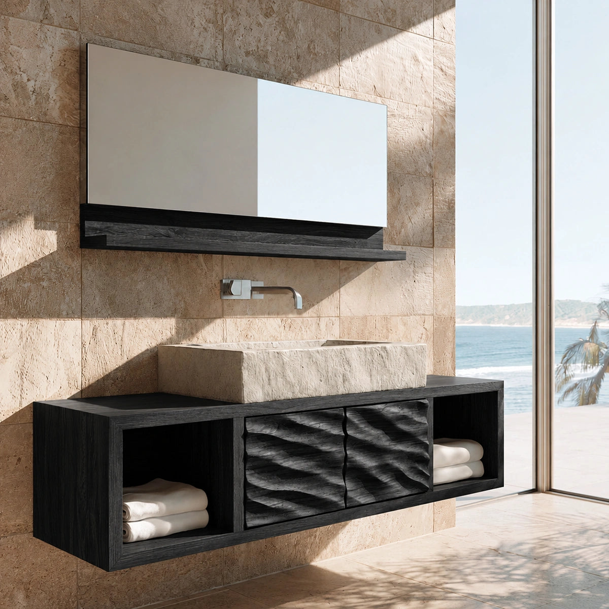 Natural Solid Wood Bathroom Cabinet with 2 Doors and Open Shelf - Livewoodcraft - 4