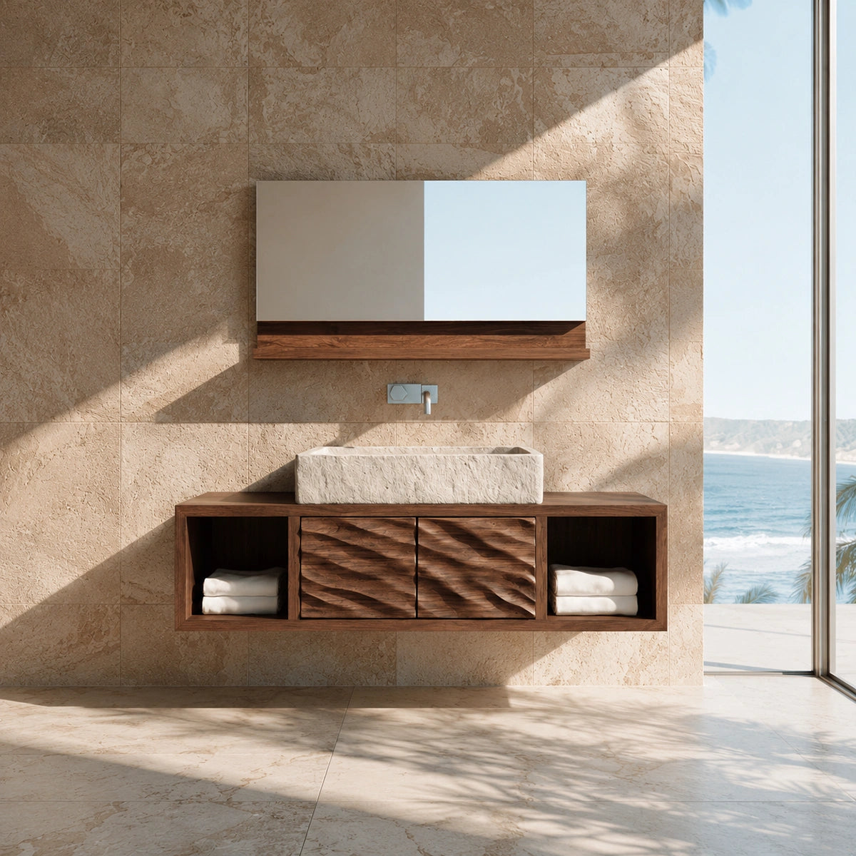 Natural Solid Wood Bathroom Cabinet with 2 Doors and Open Shelf - Livewoodcraft - 7