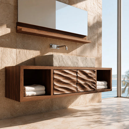 Natural Solid Wood Bathroom Cabinet with 2 Doors and Open Shelf - Livewoodcraft