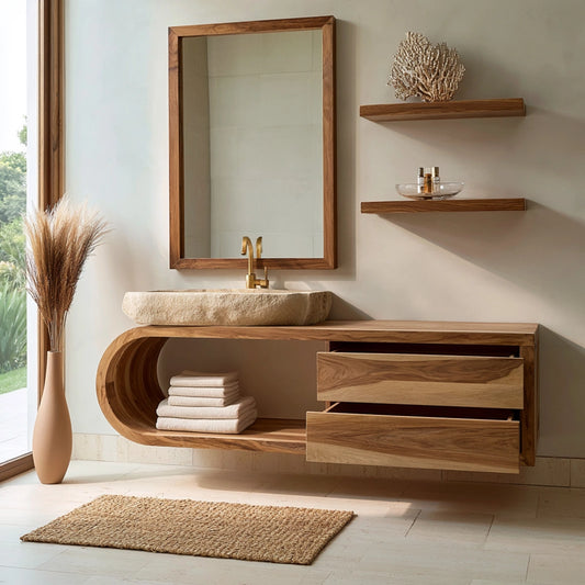 Natural Solid Wood Bathroom Cabinet with 4 Drawers – Wave Front Modern Style - Echotimber