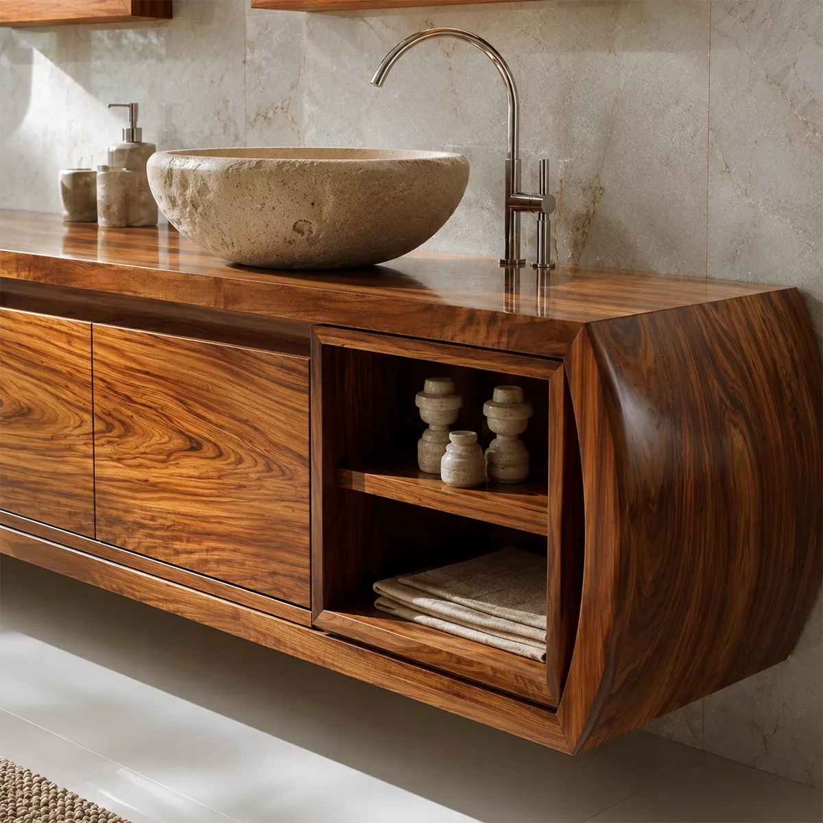 Natural Solid Wood Bathroom Vanity Cabinet with Curved Legs Rustic - Livewoodcraft - 2