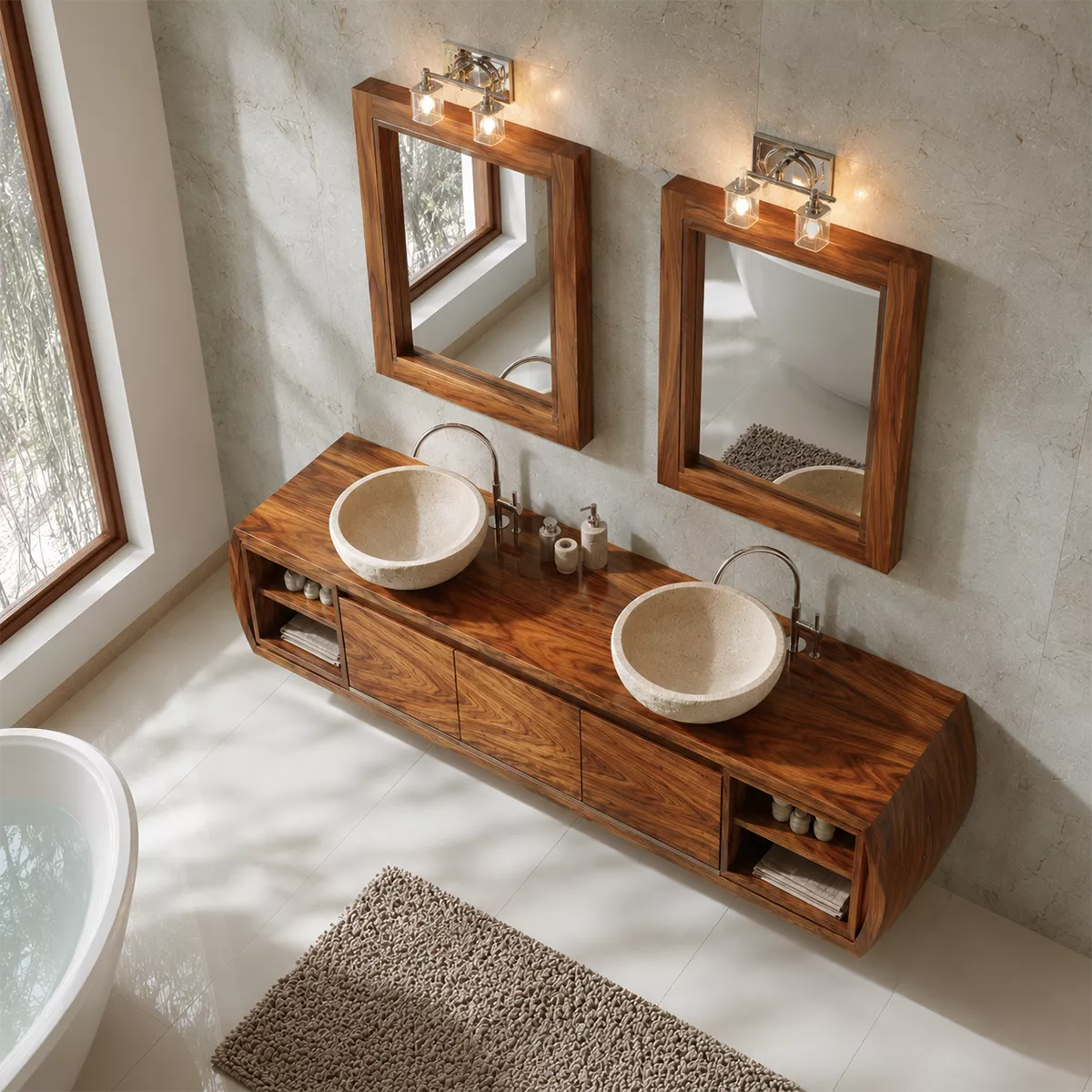 Natural Solid Wood Bathroom Vanity Cabinet with Curved Legs Rustic - Livewoodcraft - 3