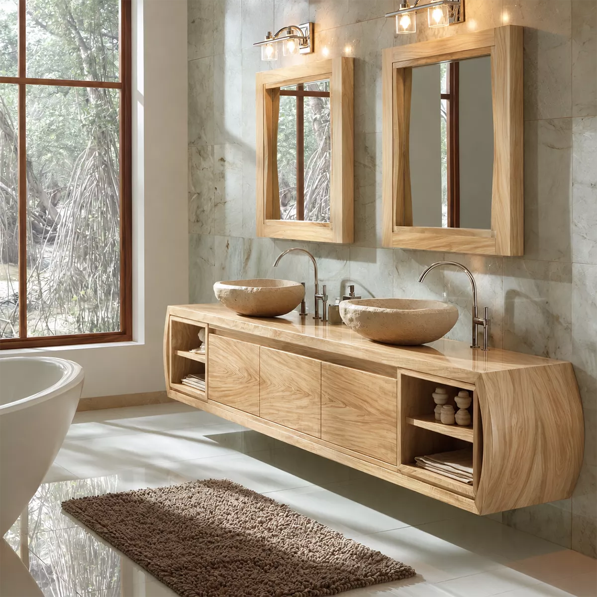 Natural Solid Wood Bathroom Vanity Cabinet with Curved Legs Rustic - Livewoodcraft - 9