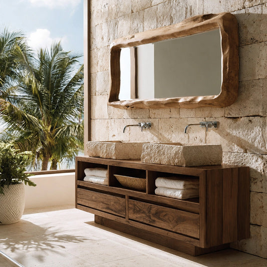 Natural Solid Wood Bathroom Vanity with 2 Drawers and 3 Open Shelves - Echotimber