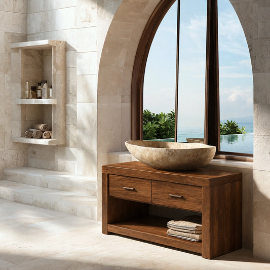 Natural Solid Wood Bathroom Vanity with 2 Drawers and Open Shelf - Echotimber - 2016