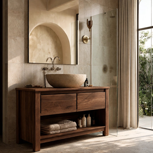 Natural Solid Wood Bathroom Vanity with 2 Drawers and Open Shelf - Echotimber