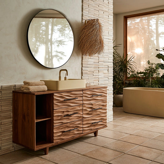 Natural Solid Wood Bathroom Vanity with 6 Drawers and Side Open Shelves - Echotimber
