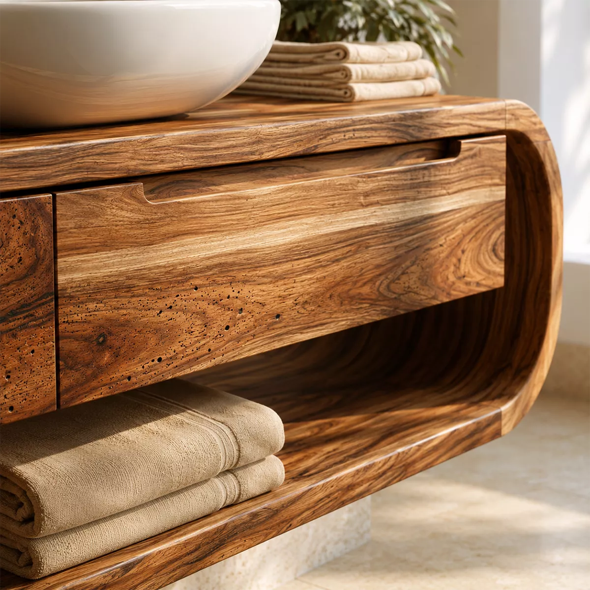 Natural Solid Wood Bathroom Vanity with Curved Design Traditional - Echotimber - 2