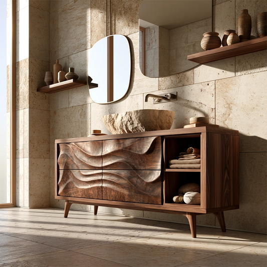 Natural Solid Wood Bathroom Vanity with Four Carved Drawers and Open Shelves - Echotimber