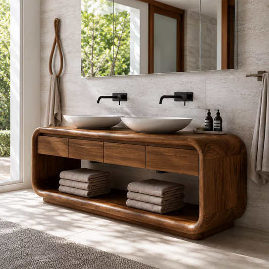Natural Solid Wood Bathroom Vanity with Four Drawers and Open Shelves - Echotimber
