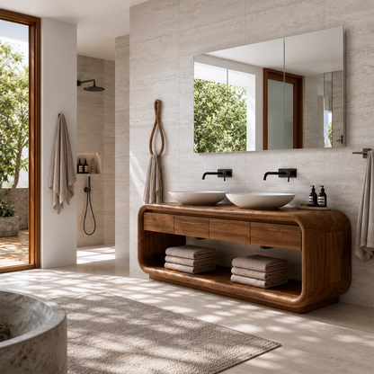 Natural Solid Wood Bathroom Vanity with Four Drawers and Open Shelves Traditional - Livewoodcraft - 3