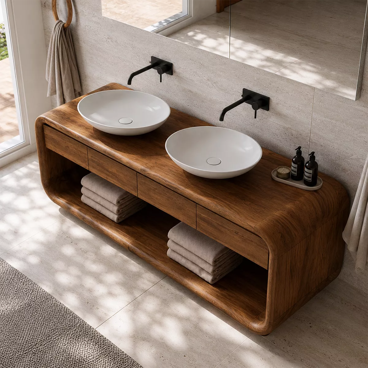 Natural Solid Wood Bathroom Vanity with Four Drawers and Open Shelves Traditional - Livewoodcraft - 4