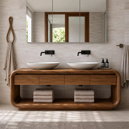 Natural Solid Wood Bathroom Vanity with Four Drawers and Open Shelves Traditional - Livewoodcraft - 5