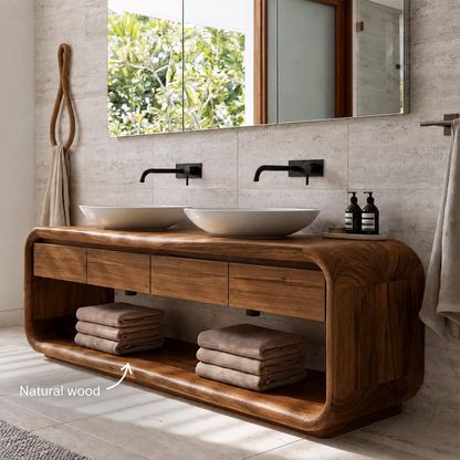 Natural Solid Wood Bathroom Vanity with Four Drawers and Open Shelves Traditional - Livewoodcraft - 6