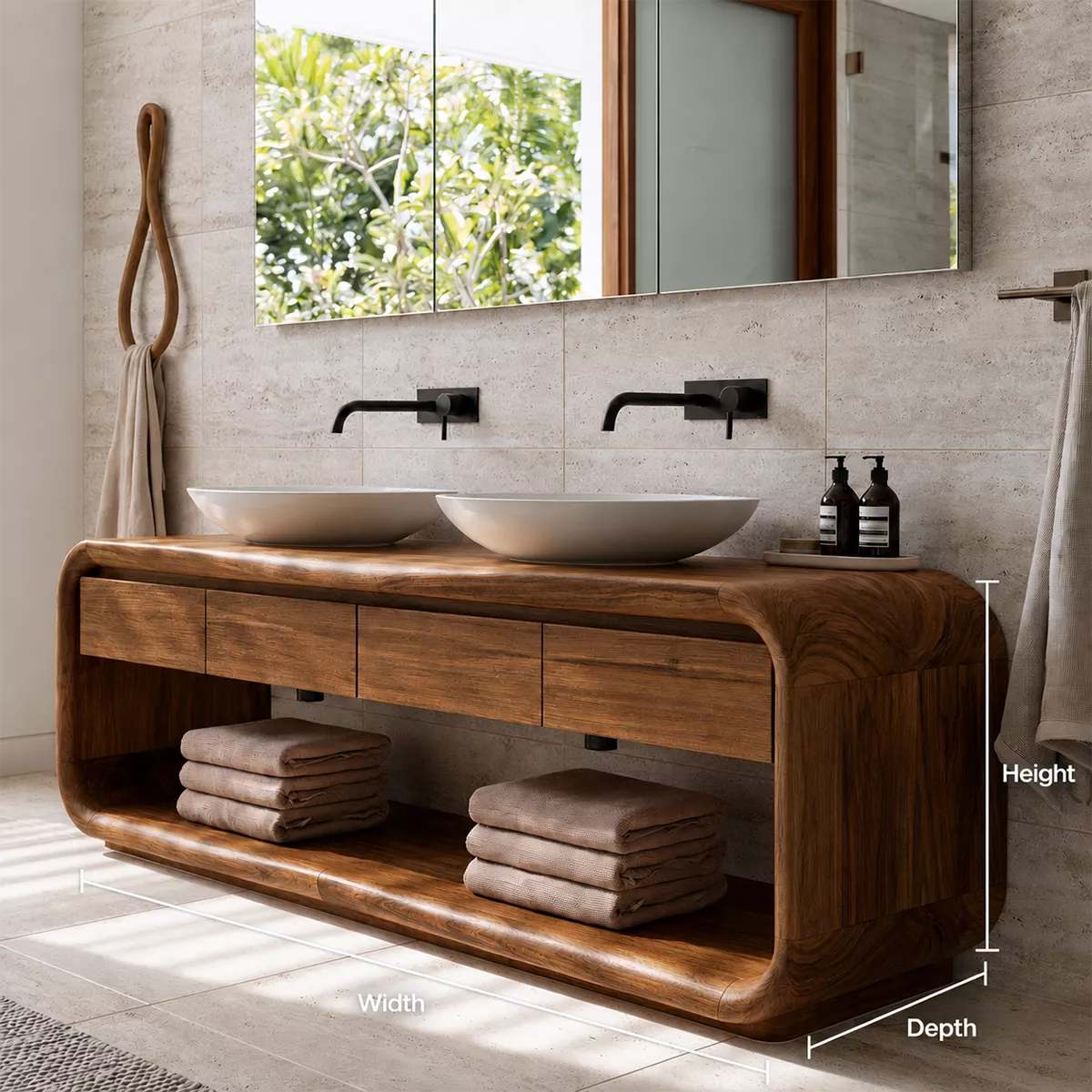 Natural Solid Wood Bathroom Vanity with Four Drawers and Open Shelves Traditional - Livewoodcraft - 7