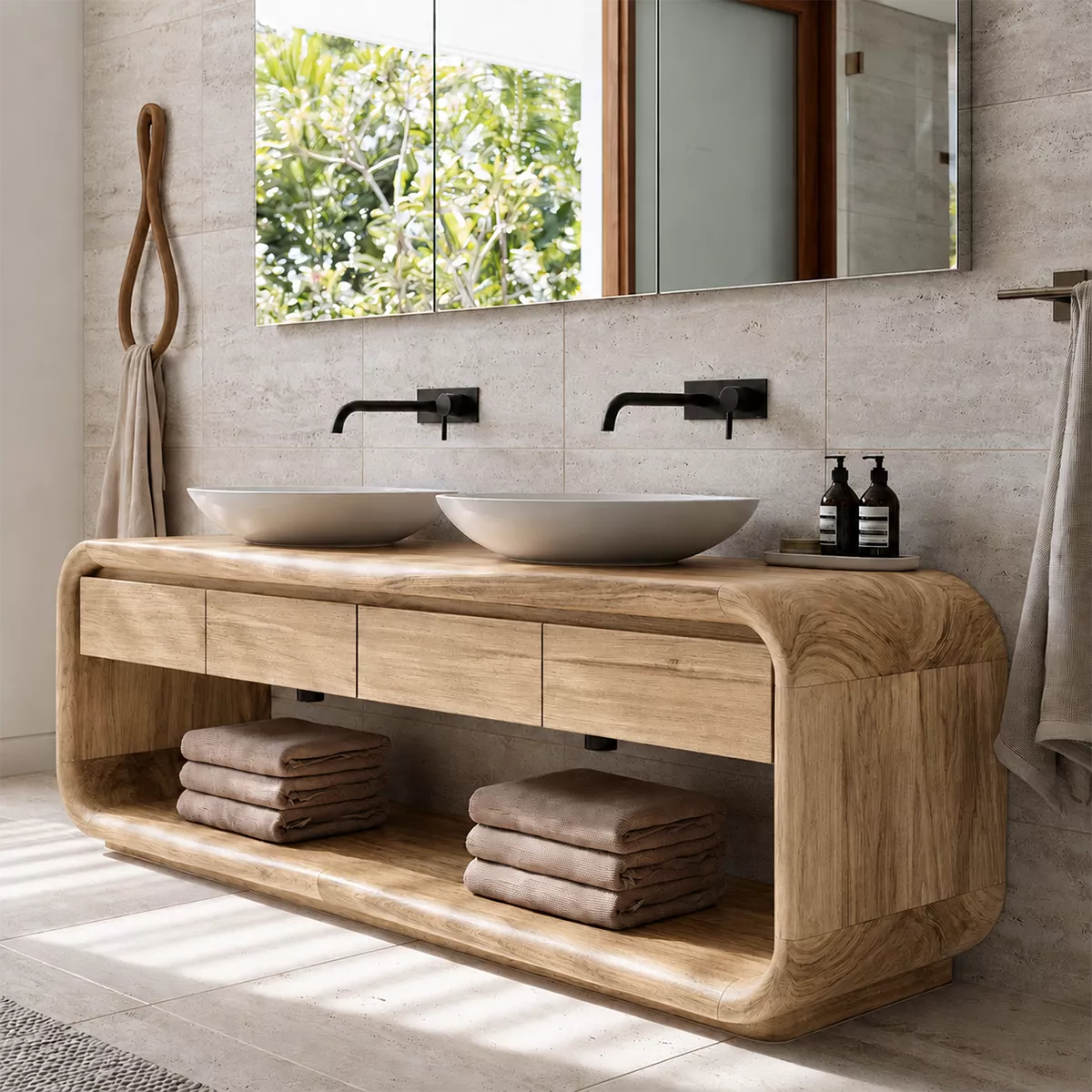 Natural Solid Wood Bathroom Vanity with Four Drawers and Open Shelves Traditional - Livewoodcraft - 9