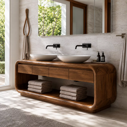 Natural Solid Wood Bathroom Vanity with Four Drawers and Open Shelves Traditional - Livewoodcraft