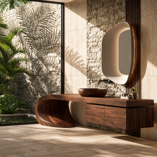 Natural Solid Wood Bathroom Vanity with Four Drawers and Sculptural Loop Base - Echotimber