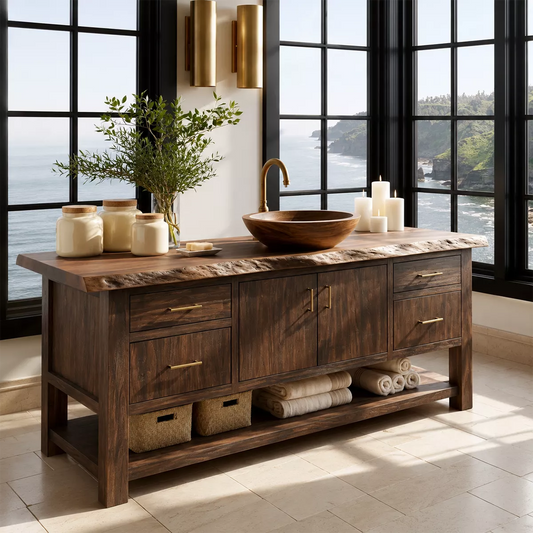 Natural Solid Wood Bathroom Vanity with Four Drawers Open Shelf Rustic - Echotimber