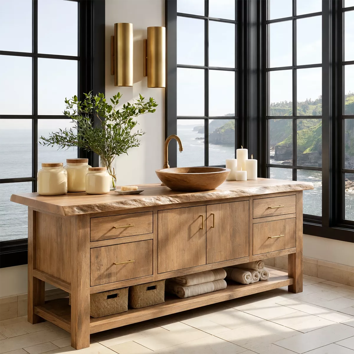 Natural Solid Wood Bathroom Vanity with Four Drawers Open Shelf Rustic - Livewoodcraft - 10