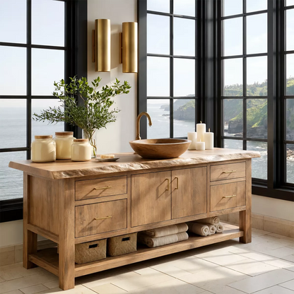 Natural Solid Wood Bathroom Vanity with Four Drawers Open Shelf Rustic - Livewoodcraft - 10