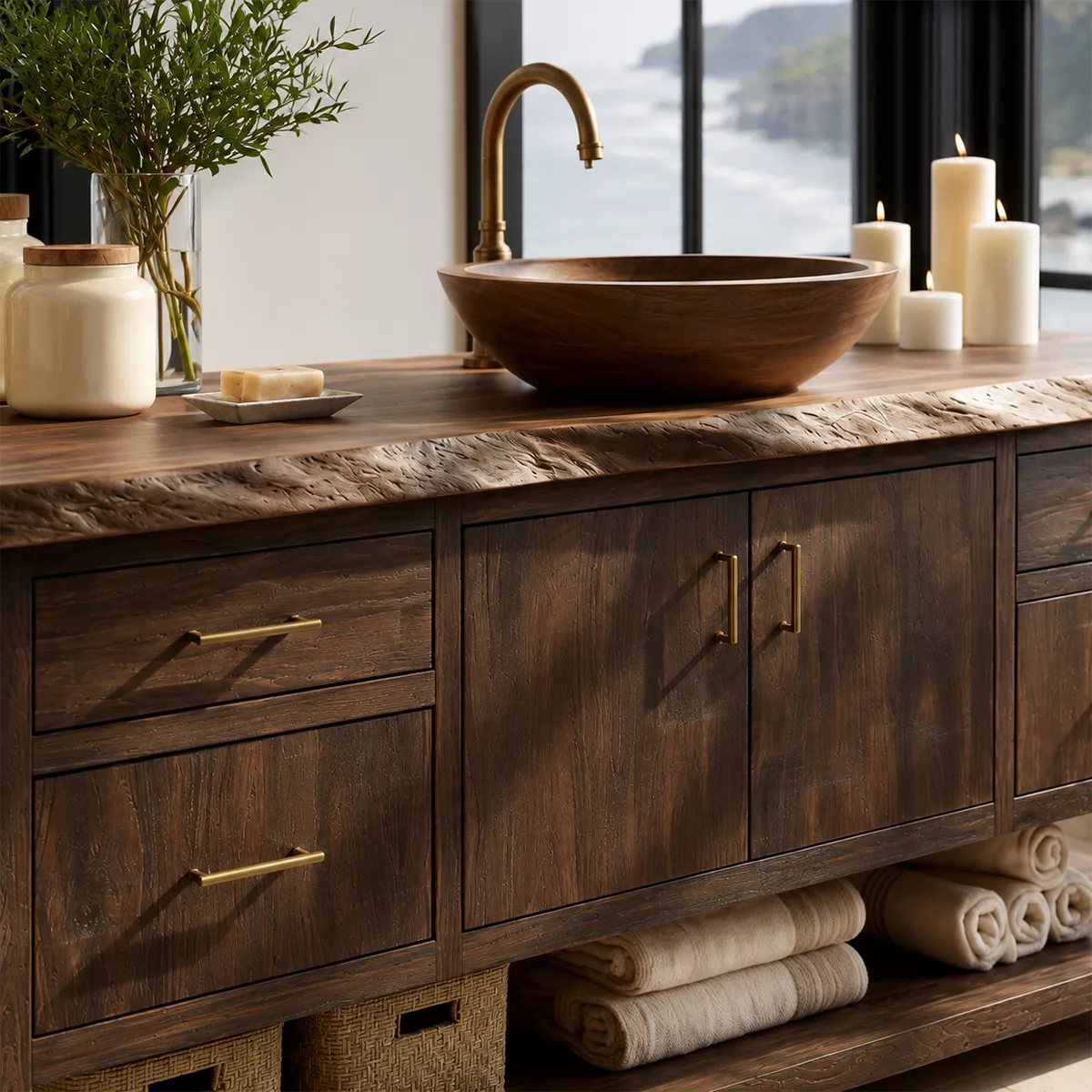 Natural Solid Wood Bathroom Vanity with Four Drawers Open Shelf Rustic - Livewoodcraft - 2