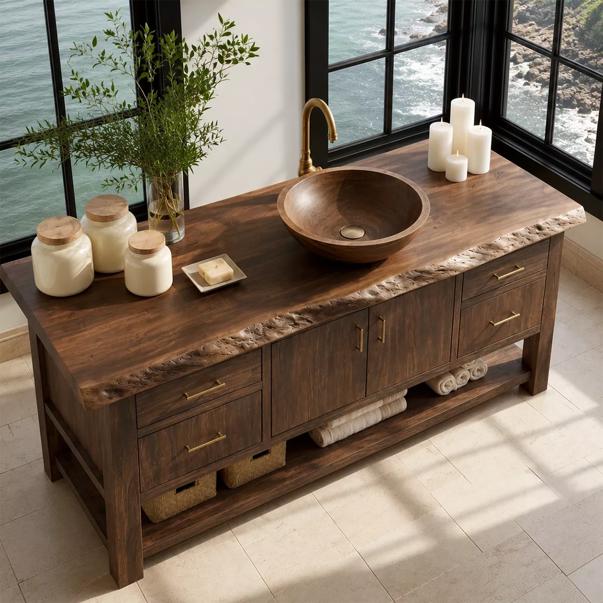Natural Solid Wood Bathroom Vanity with Four Drawers Open Shelf Rustic - Livewoodcraft - 3