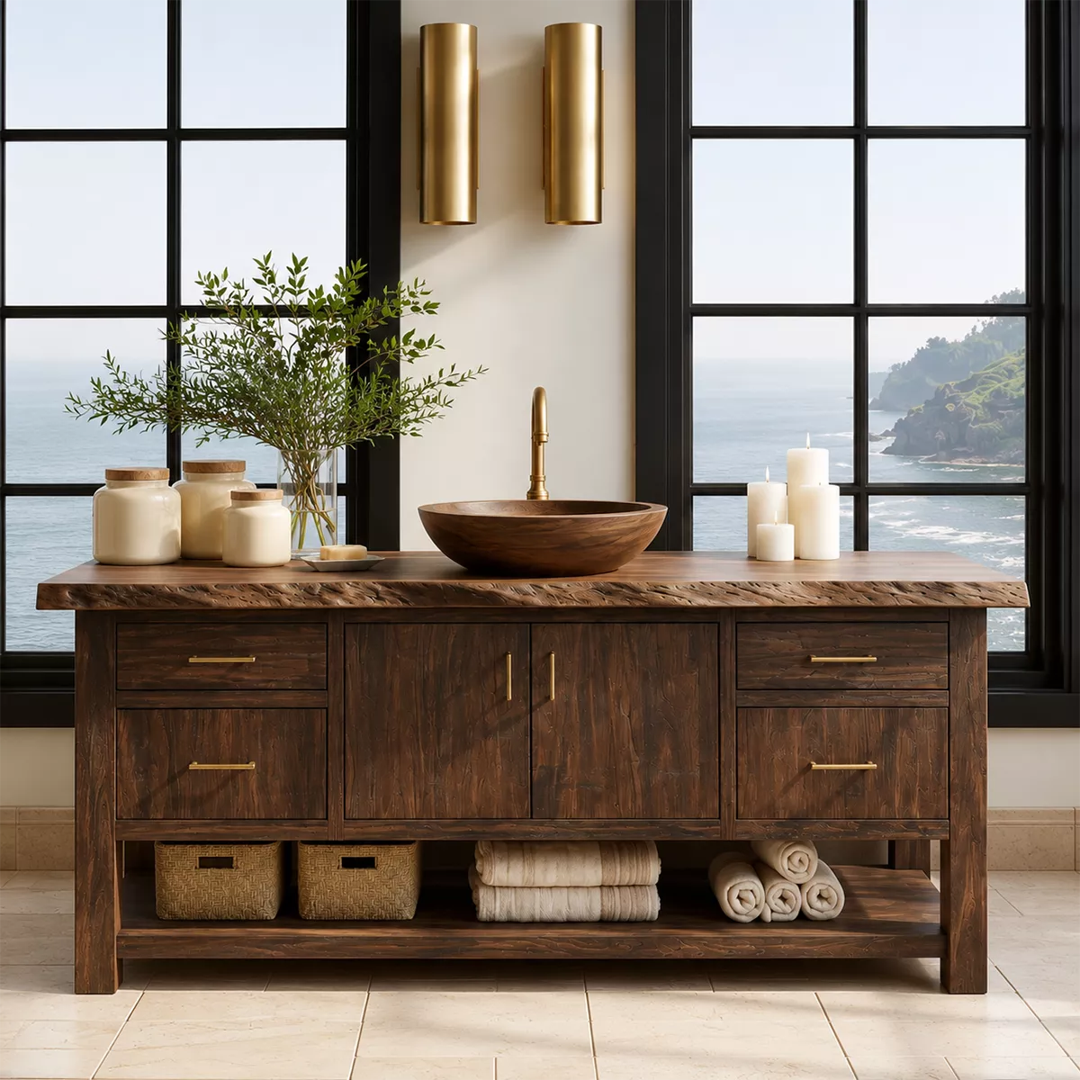 Natural Solid Wood Bathroom Vanity with Four Drawers Open Shelf Rustic - Livewoodcraft - 4