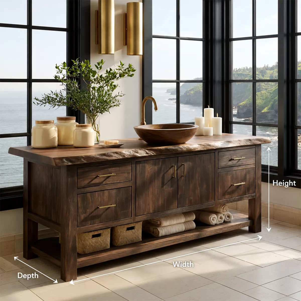 Natural Solid Wood Bathroom Vanity with Four Drawers Open Shelf Rustic - Livewoodcraft - 6