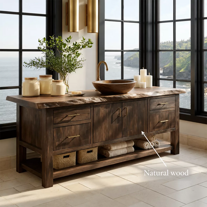 Natural Solid Wood Bathroom Vanity with Four Drawers Open Shelf Rustic - Livewoodcraft - 7