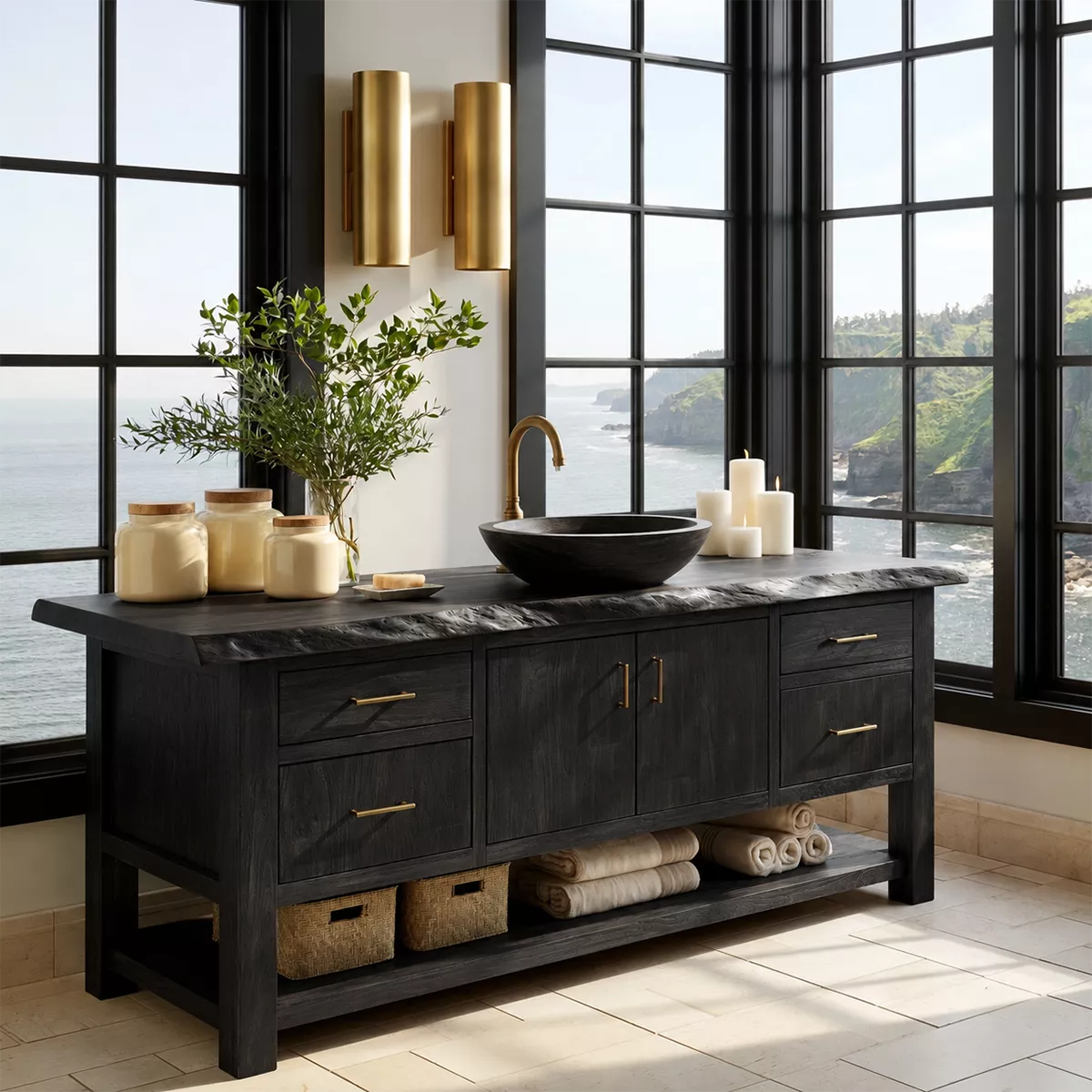 Natural Solid Wood Bathroom Vanity with Four Drawers Open Shelf Rustic - Livewoodcraft - 8