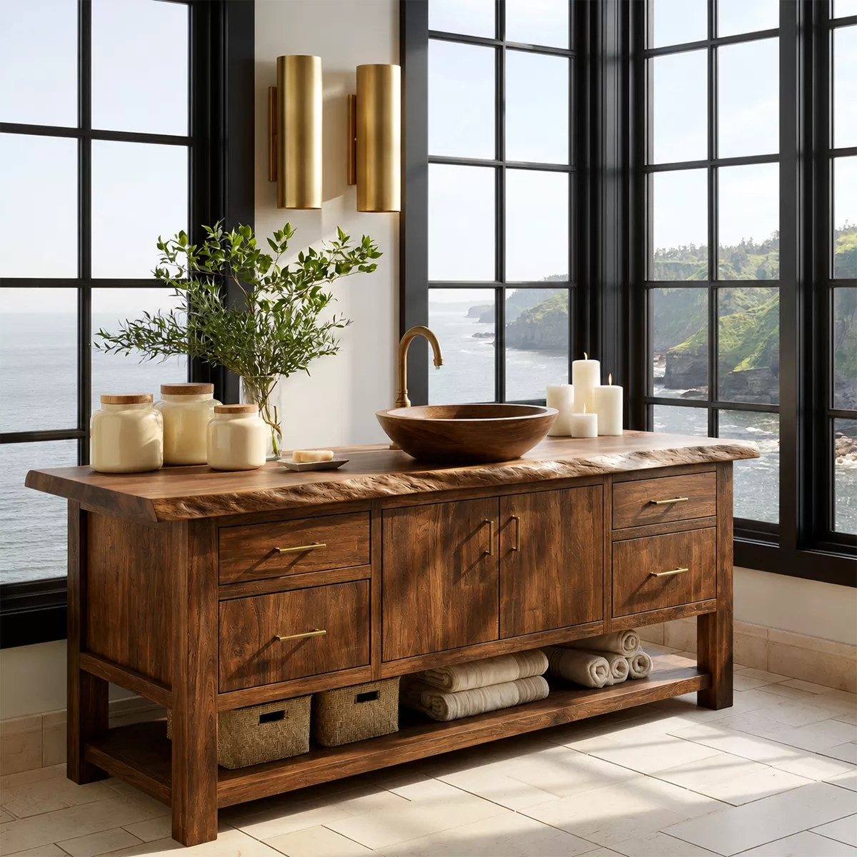 Natural Solid Wood Bathroom Vanity with Four Drawers Open Shelf Rustic - Livewoodcraft - 9