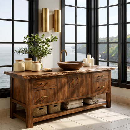 Natural Solid Wood Bathroom Vanity with Four Drawers Open Shelf Rustic - Livewoodcraft - 9