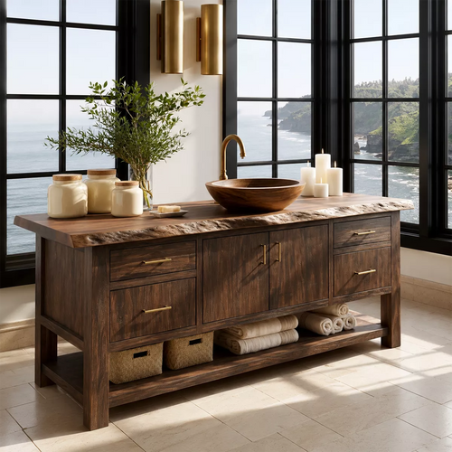 Natural Solid Wood Bathroom Vanity with Four Drawers Open Shelf Rustic - Livewoodcraft