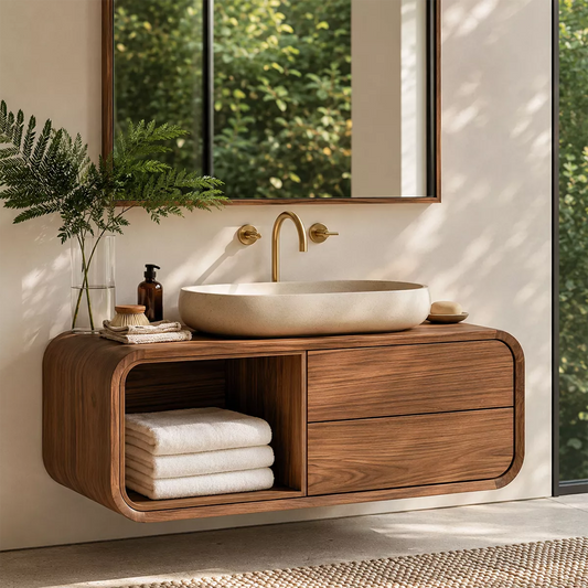 Natural Solid Wood Bathroom Vanity with Open Nook Storage Modern Style - Echotimber