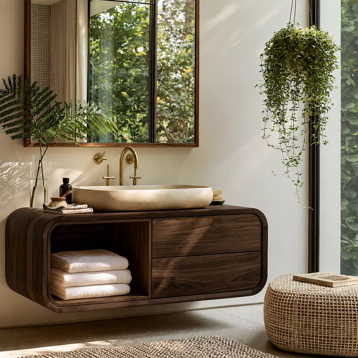Natural Solid Wood Bathroom Vanity with Open Nook Storage Modern Style - Livewoodcraft - 10