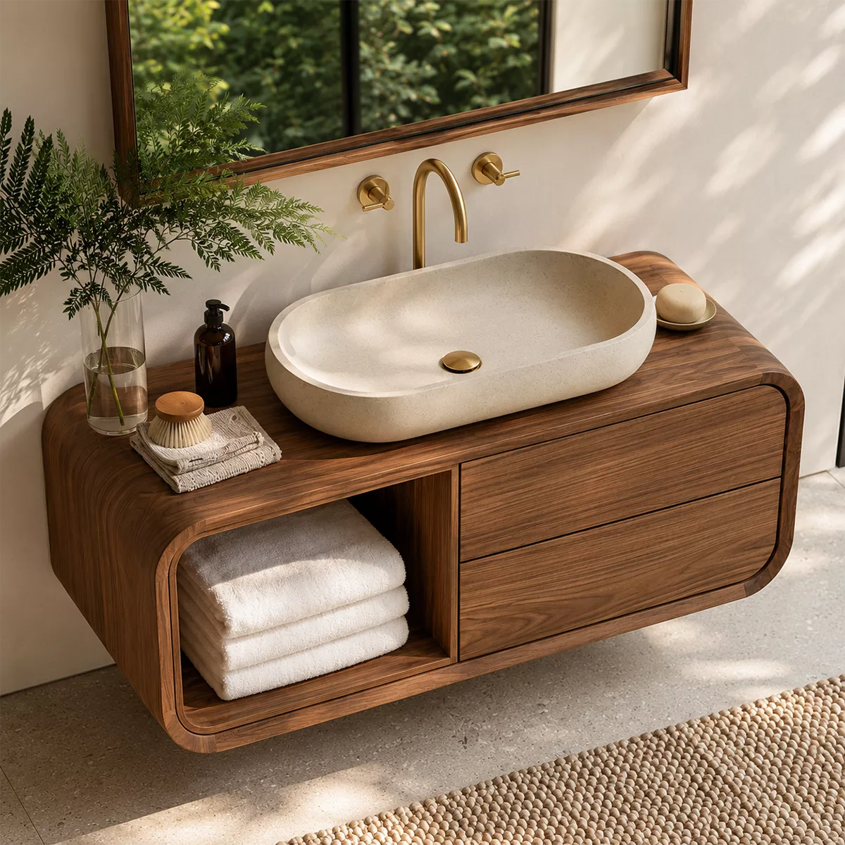 Natural Solid Wood Bathroom Vanity with Open Nook Storage Modern Style - Livewoodcraft - 3