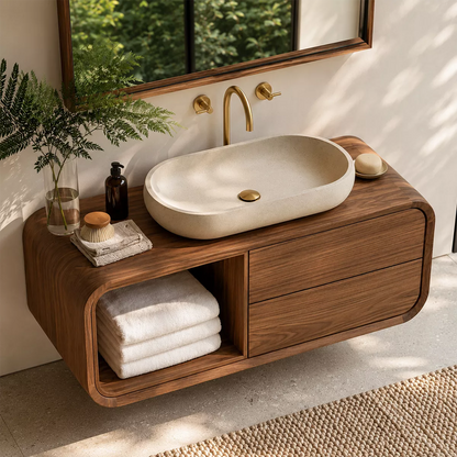 Natural Solid Wood Bathroom Vanity with Open Nook Storage Modern Style - Livewoodcraft - 3