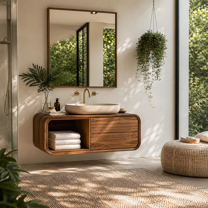 Natural Solid Wood Bathroom Vanity with Open Nook Storage Modern Style - Livewoodcraft - 5