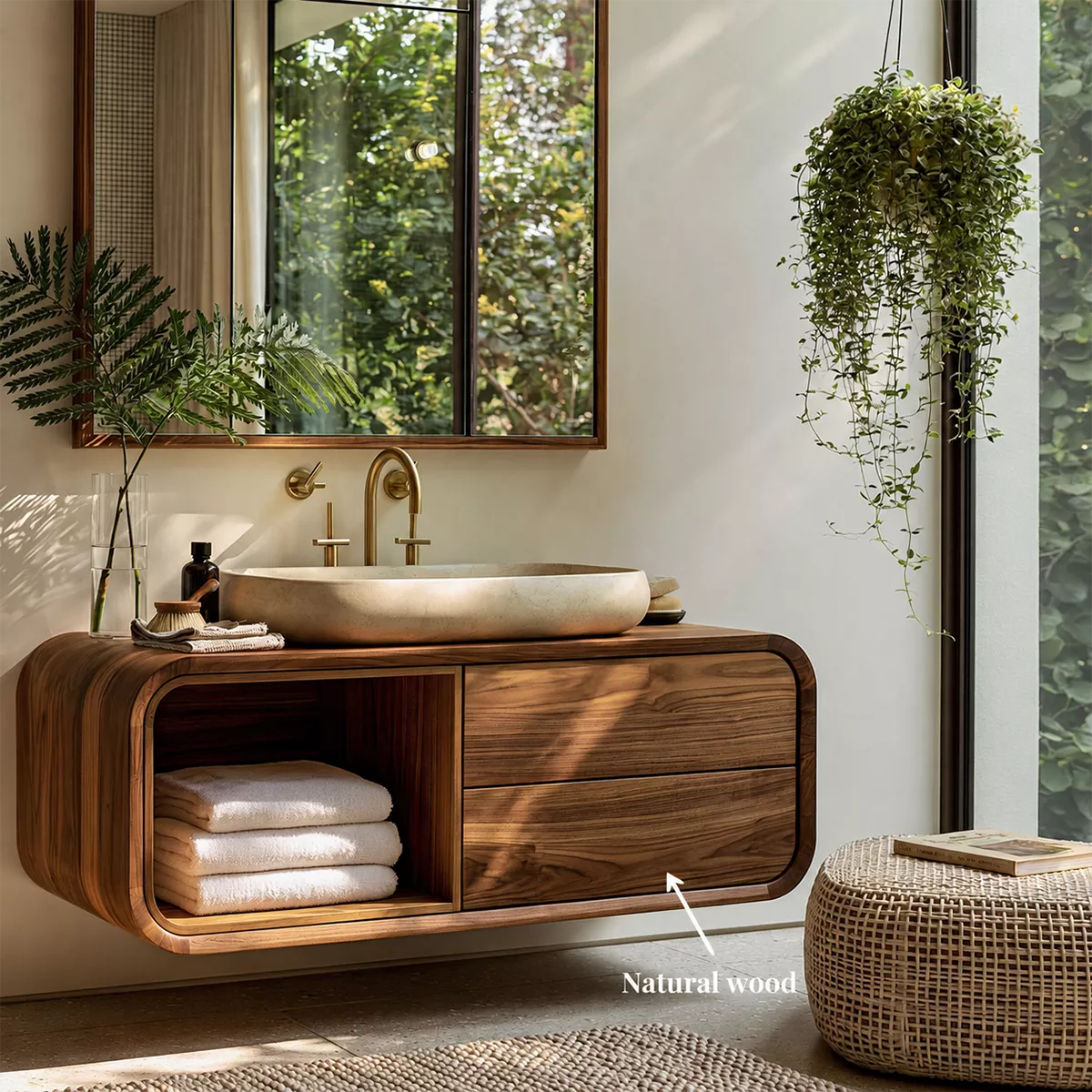 Natural Solid Wood Bathroom Vanity with Open Nook Storage Modern Style - Livewoodcraft - 7