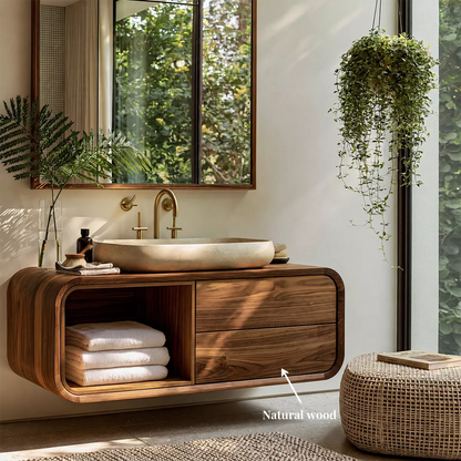 Natural Solid Wood Bathroom Vanity with Open Nook Storage Modern Style - Livewoodcraft - 7