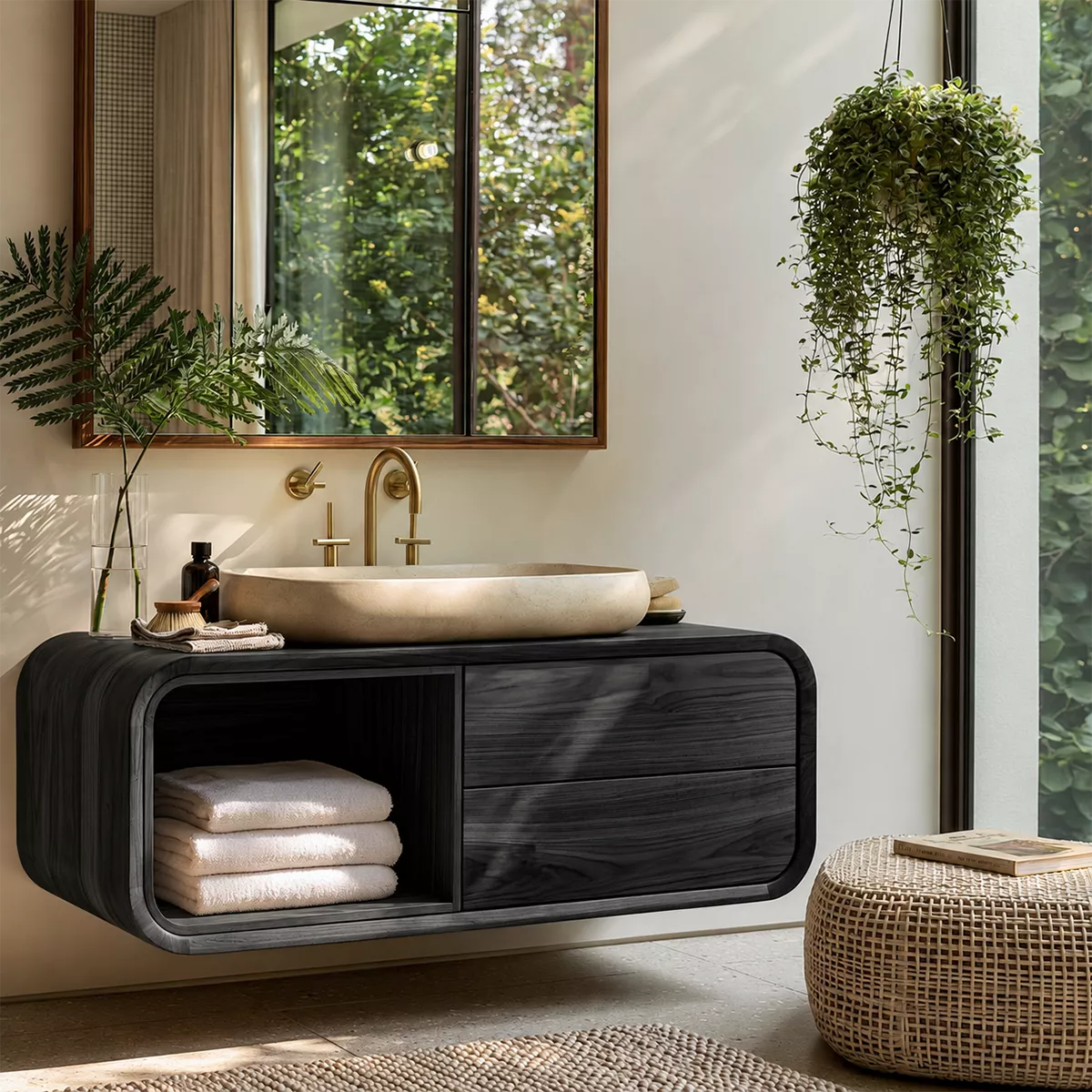 Natural Solid Wood Bathroom Vanity with Open Nook Storage Modern Style - Livewoodcraft - 8