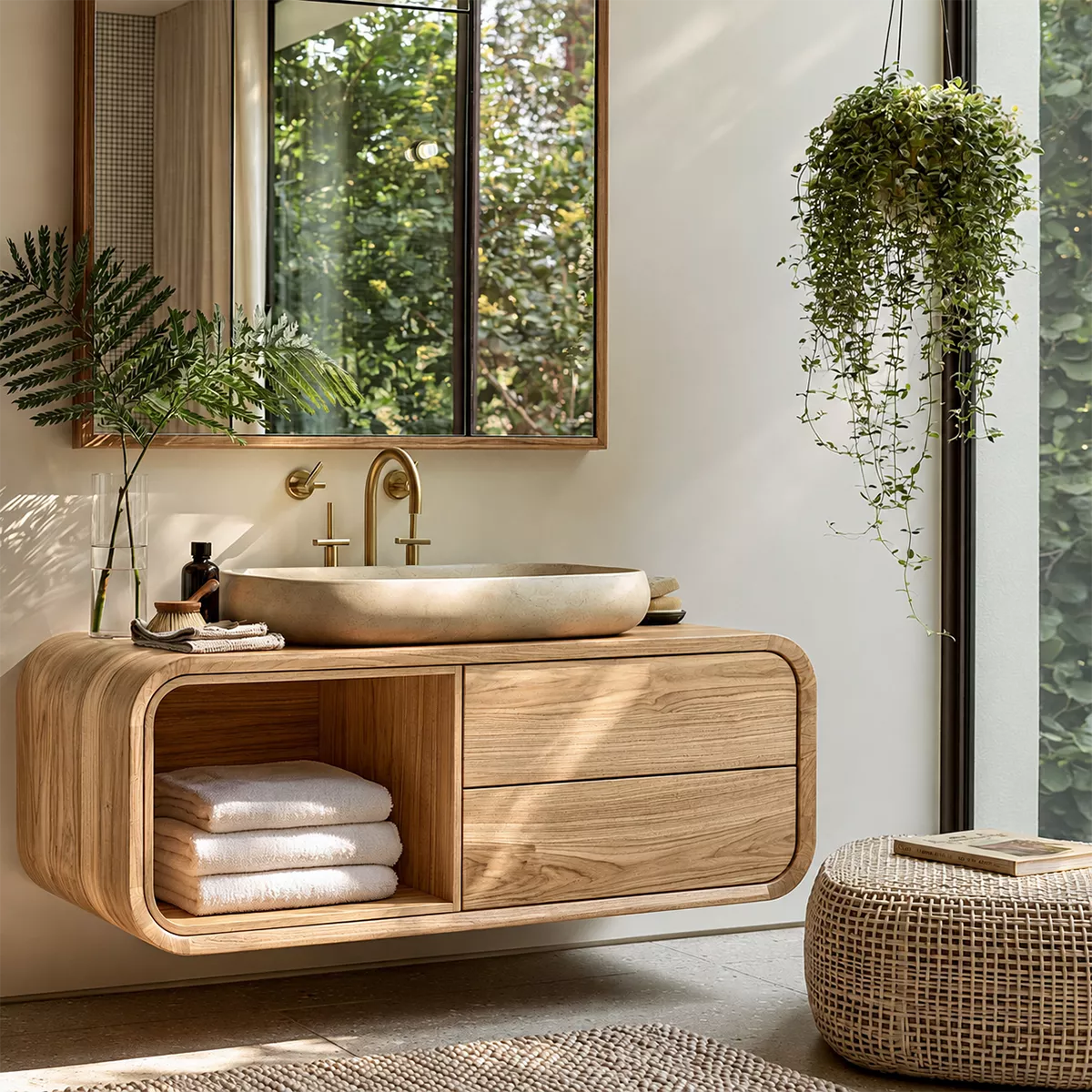 Natural Solid Wood Bathroom Vanity with Open Nook Storage Modern Style - Livewoodcraft - 9