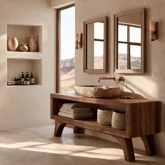 Natural Solid Wood Bathroom Vanity with Open Shelf – Rustic Wabi Sabi Style - Echotimber