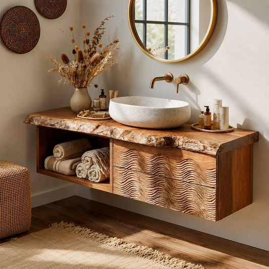 Natural Solid Wood Bathroom Vanity with Sculptural Wave Cabinet Rustic - Echotimber