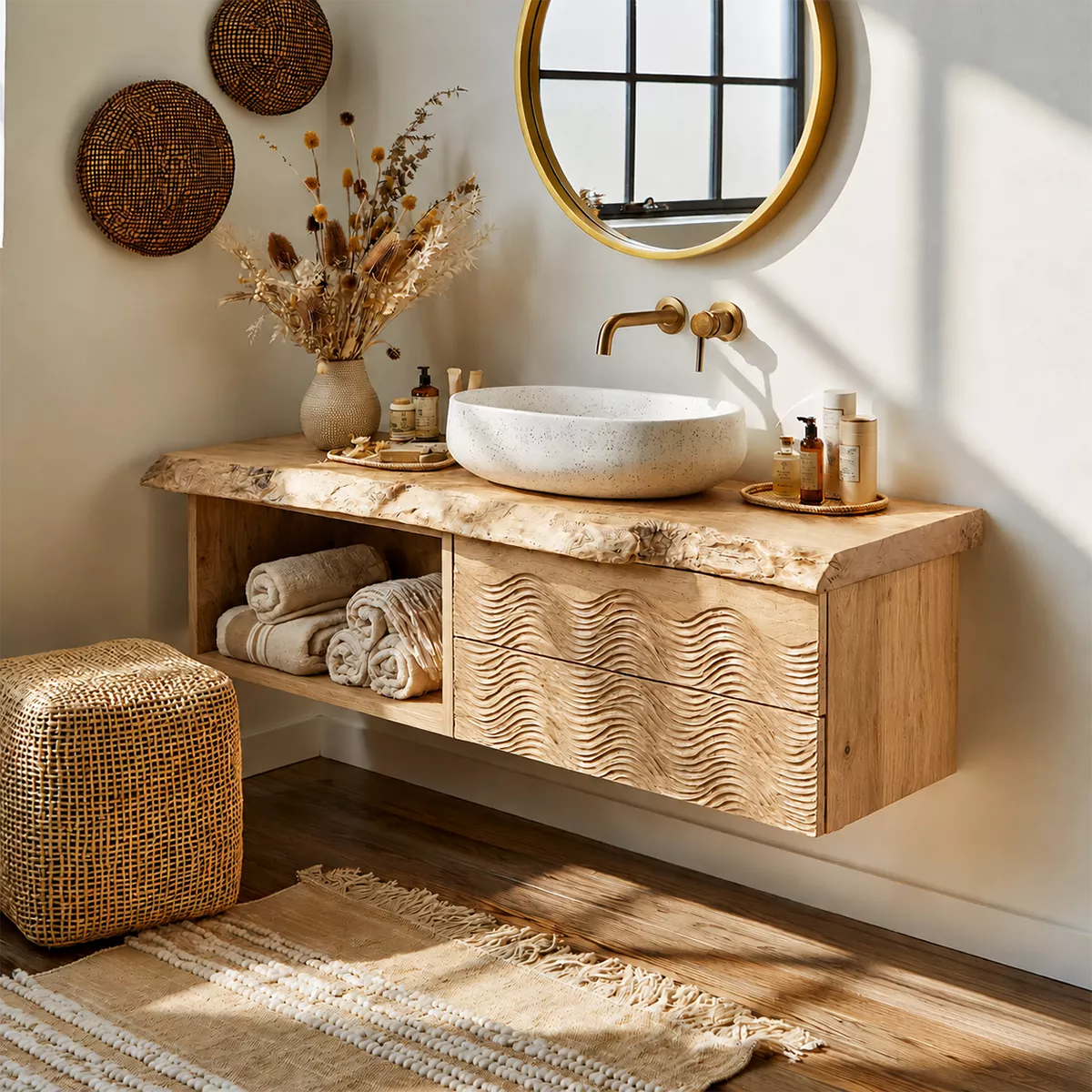 Natural Solid Wood Bathroom Vanity with Sculptural Wave Cabinet Rustic - Livewoodcraft - 10