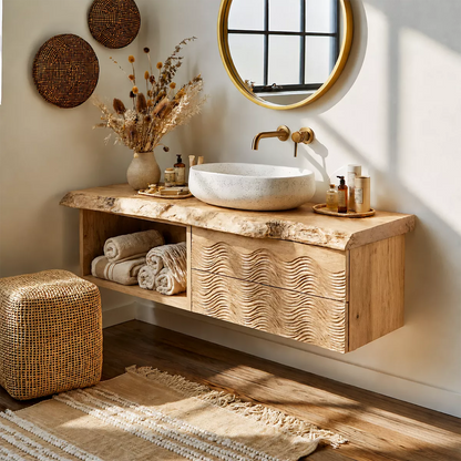 Natural Solid Wood Bathroom Vanity with Sculptural Wave Cabinet Rustic - Livewoodcraft - 10